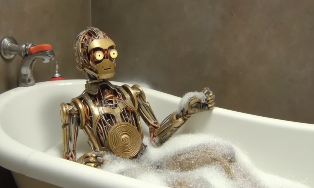 This image is of an anthropomorphic robot bathed in a white, oval-shaped bathtub.  The simplicity of the background and the focus on the robot and bubbles make this image feel light-hearted and fun.The image captures a moment of curiosity  with the advanced technology of C-3PO, <lora:C-3PO-early form flux.1D:1>