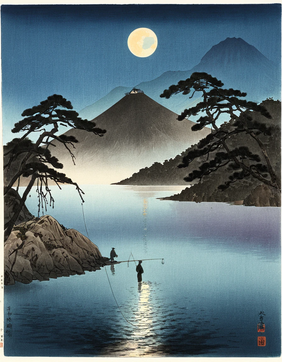 fisherman, lake, moon, mountain, japan, architecture, <lora:Koho_Shoda:1.0> kohoshoda