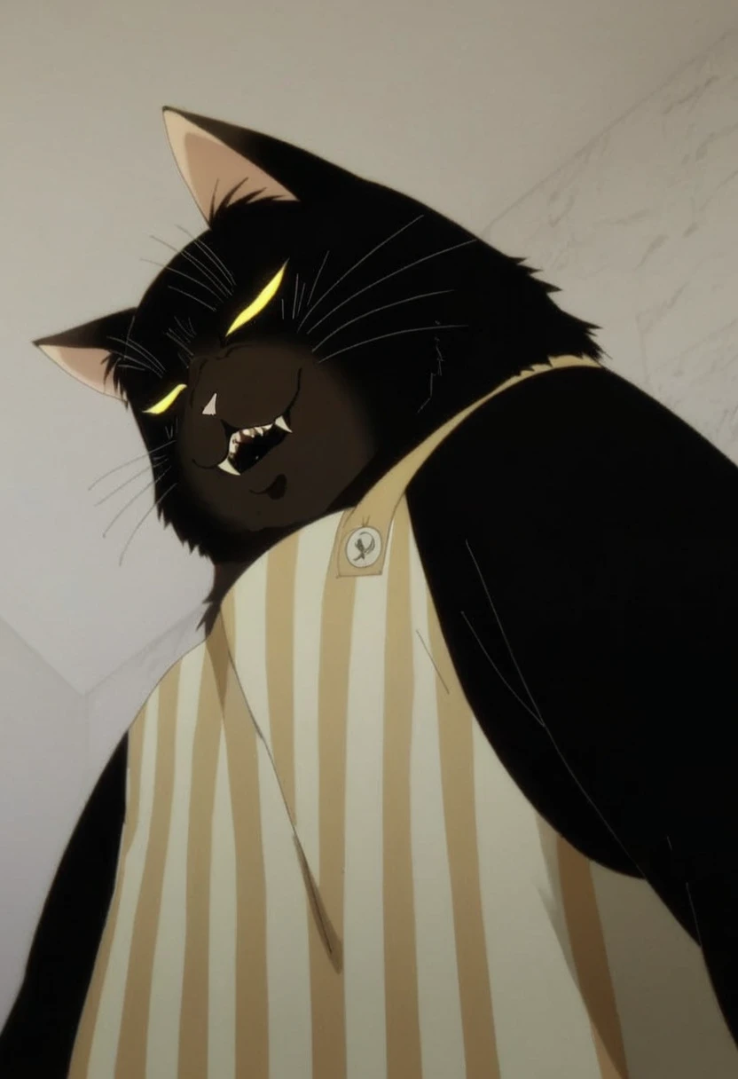 score_9, score_8_up, score_7_up, source_furry, rating_explicit, yukichi, feline, ((black cat:1.2)), black fur, ((two tone body:1.2)), striped apron, apron, hands down, mouth barely open, sharp teeth, fangs, black lip, looking at viewer, slit pupils, black pupils, close up, headshot view, neutral expression, side view