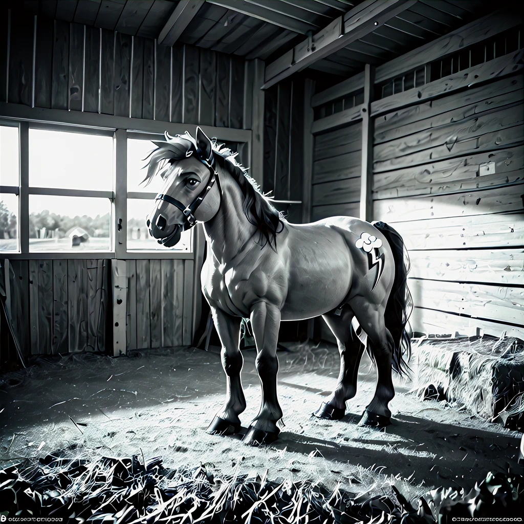 score_9,score_8_up,score_7_up,source_photo,photo,,cinematic,monochrome,greyscale,1horse,solo,rainbow dash,indoors,barn,wooden walls,zPDXLrl