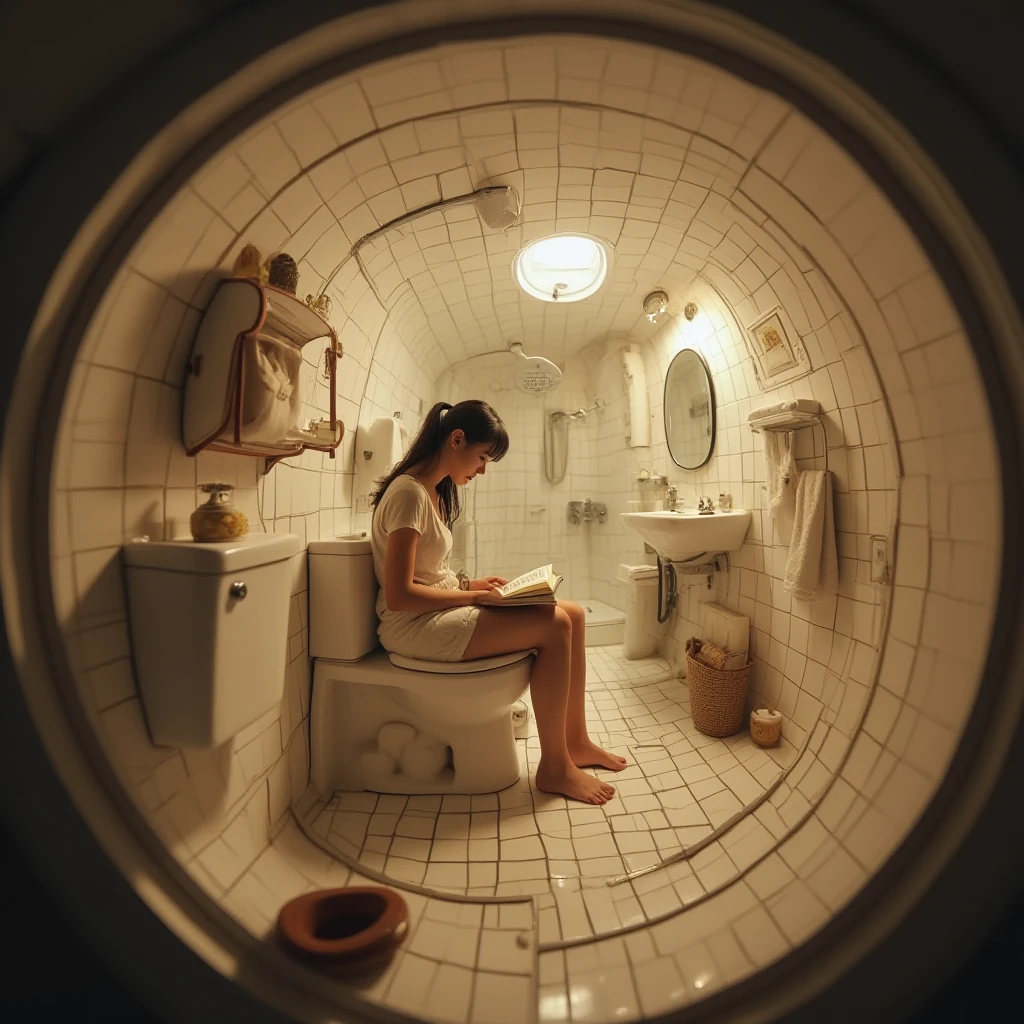 cinematic film still professional 3d model <lora:lora-2..000008.TA_trained:1>A circular, tunnel-like bathroom with a curved, tiled interior. A woman is sitting on the toilet reading a book, surrounded by small details like a sink with a mirror, a shelf with toiletries, and a shower with a curtain. Soft, ambient lighting highlights the cozy, personal atmosphere, with a fisheye perspective enhancing the enclosed space.
. octane render, highly detailed, volumetric, dramatic lighting . shallow depth of field, vignette, highly detailed, high budget, bokeh, cinemascope, moody, epic, gorgeous, film grain, grainy