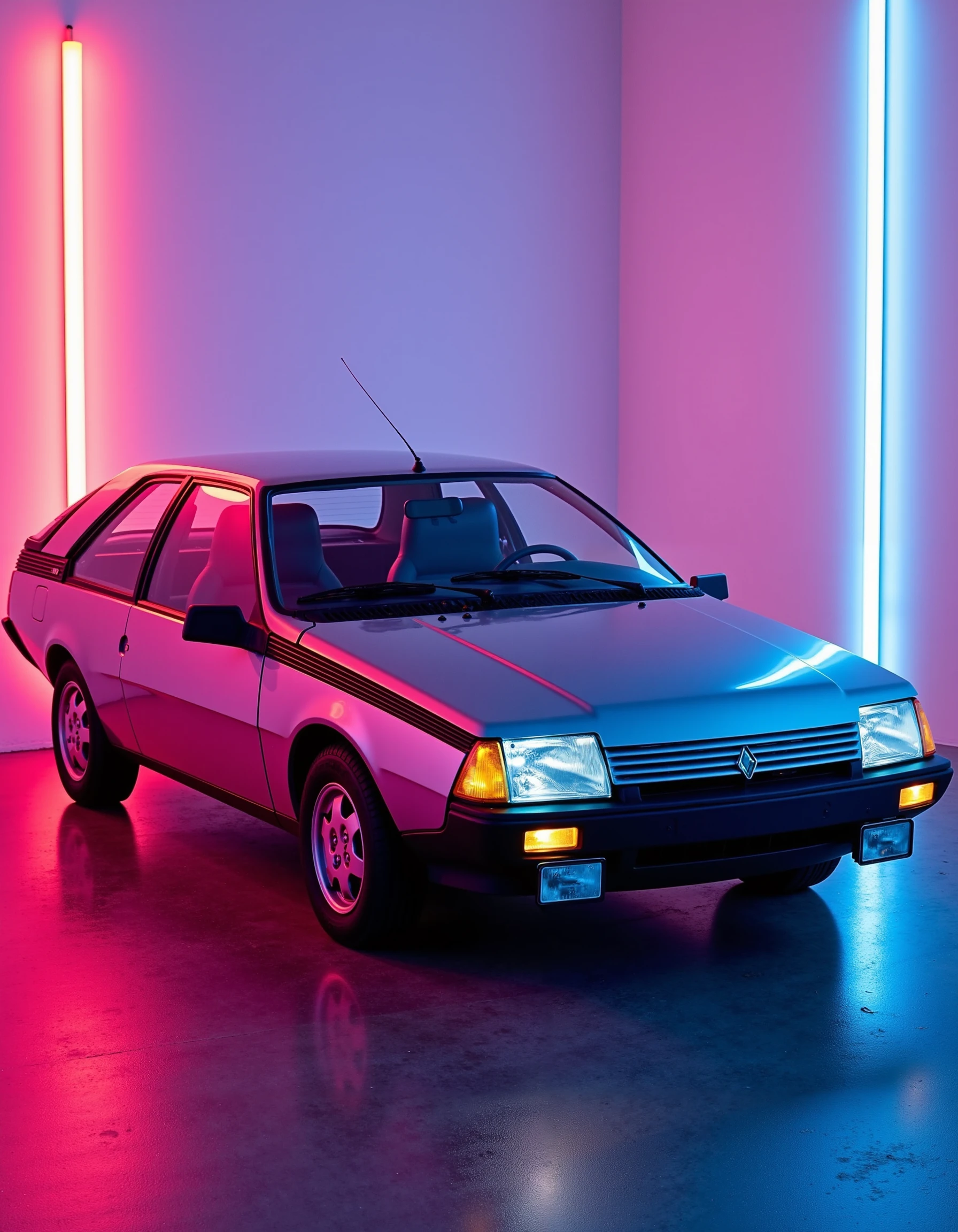 shiny silver renaultfuego car in a liminal space illuminated by neon lights, 