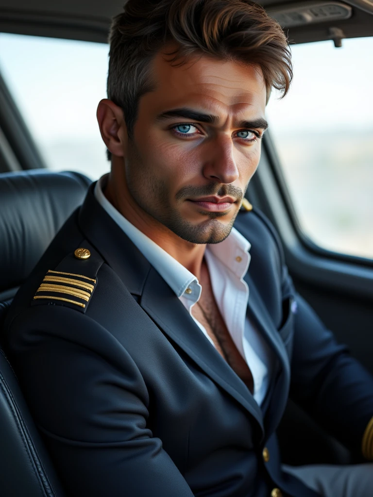 Iskender has blue eyes, and sitting in a pilot seat. he is flying a 737. his pilot uniform is tight and shows the shape of his muscles. some buttons are unbuttoned, revealing his hairy chest. he is very seductive and is more mature