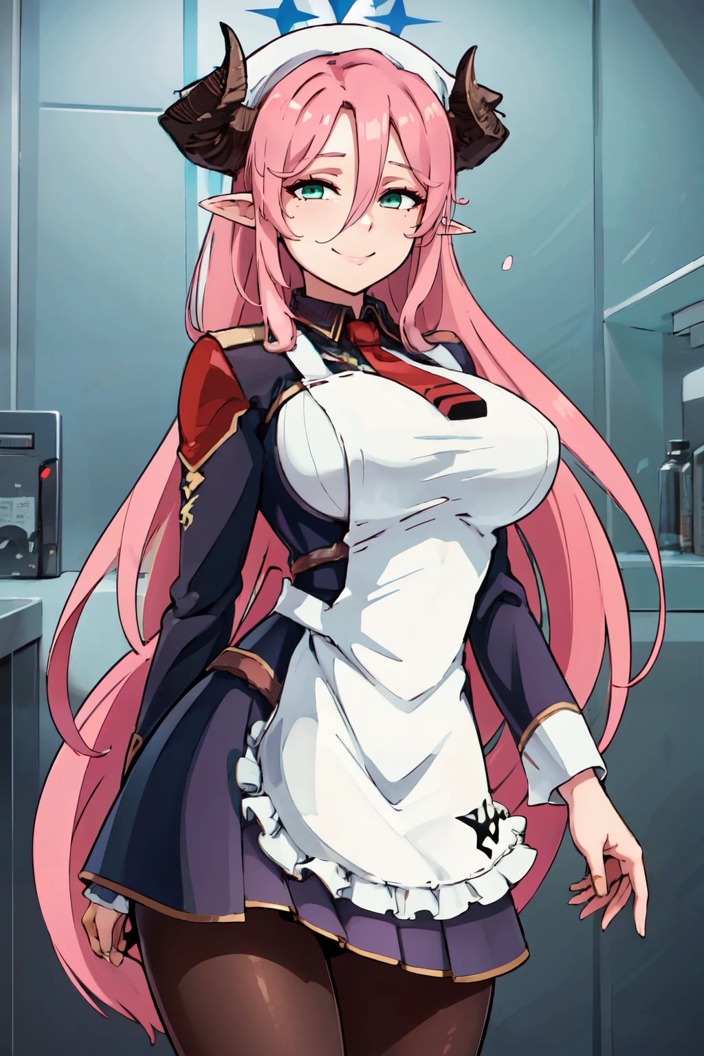 ((masterpiece,best quality)), absurdres,  BREAK, , <lora:Juri_BlueArchive_Citron:0.8>, zzJuri, horns, long hair, pink hair, pointy ears, hair between eyes, halo, demon horns, very long hair, large breasts, green eyes, solo, long sleeves, white apron, red necktie, black pantyhose, , BREAK, hip to the side, contrapposto, cowboy shot,, BREAK, solo, smile, looking at viewer, cowboy shot,