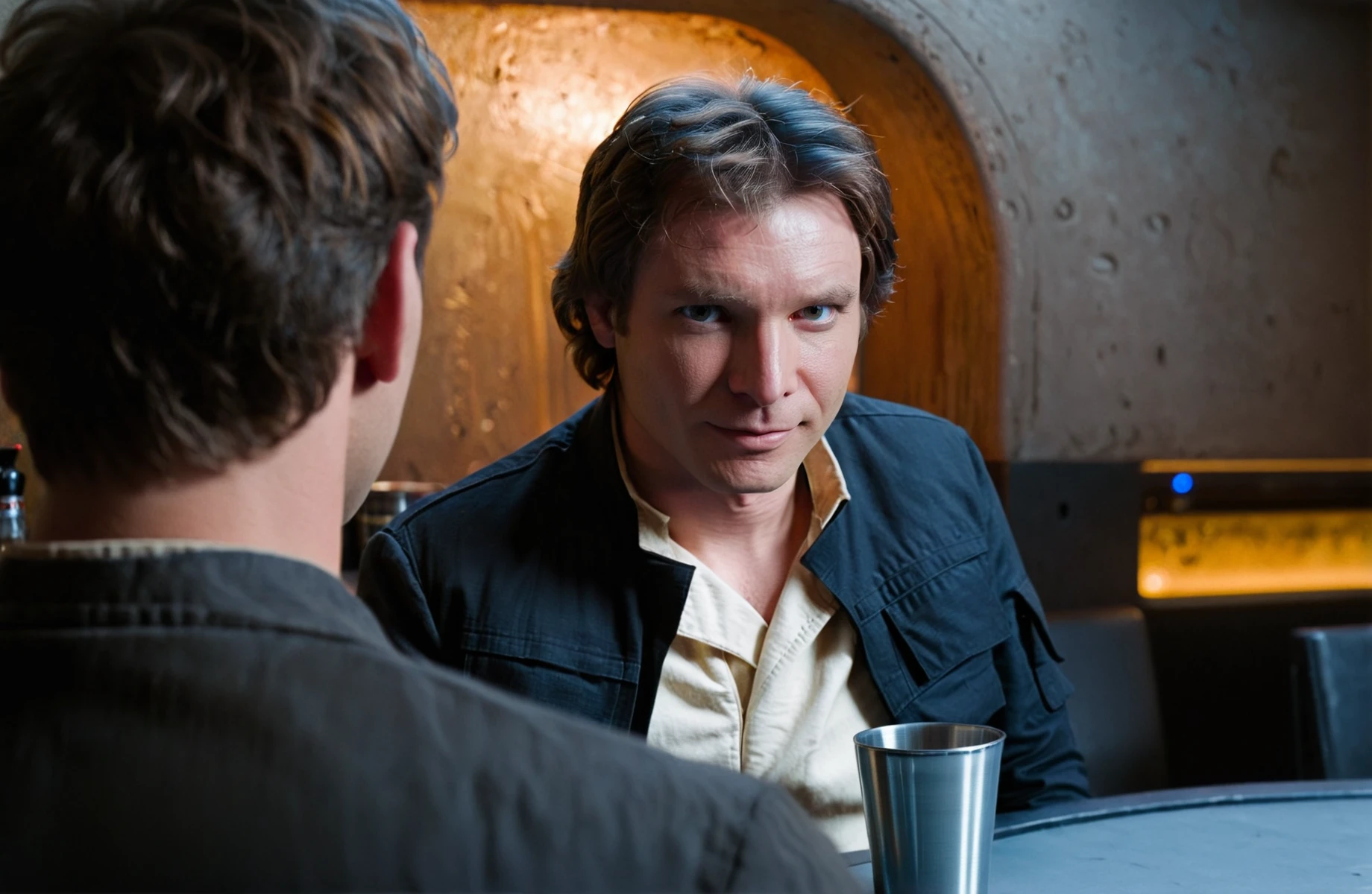 (full body1.5) (extreme long shot1.5) of <lora:Han_Solo_Trilogy:1> Han Solo Trilogy wearing a black jacket and cream colored shirt sitting at a table talking, ((sneer, crooked smile)), (((holding up a metal cup with both hands))), background of a dark MosEisley-Cantina <lora:Mos-Eisley-Cantina:0.8> bar from star wars movie, partially covered in shadow, dark and moody, captured with a 5d camera, in HDR, 8k resolution, sharp focus, infused with a graphic novel aesthetic, cinematic, film, detailed, motion picture style, different style, space opera, hyperrealistic, sci fi style, cinematic light, perfect color, perfect scene, shallow depth of field, vignette, highly detailed, high budget, bokeh, cinemascope, moody, epic, masterpiece, <lora:Chiaroscuro Lighting Style:0.6>, <lora:perfection style:0.3>, grime, scuffs, scratches, wear and tear, perfect eyes, detailed eyes,  <lora:Rembrandt Lighting style v2:1> In Rembrandt Lighting style