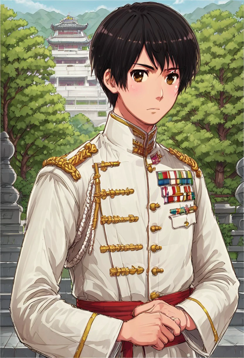 score_9, score_8_up, source_anime, highly detailed, detailed eyes,,HondaKikuPDXL, Brown eyes,Male, black hair, hetalia,Honda Kiku,no abs,skinny body, skinny lower body, japan flag on the backgroun,male_focus, white naval uniform, pointing at viewers,(written I need you in Japanese),IJA Showa,court uniform,