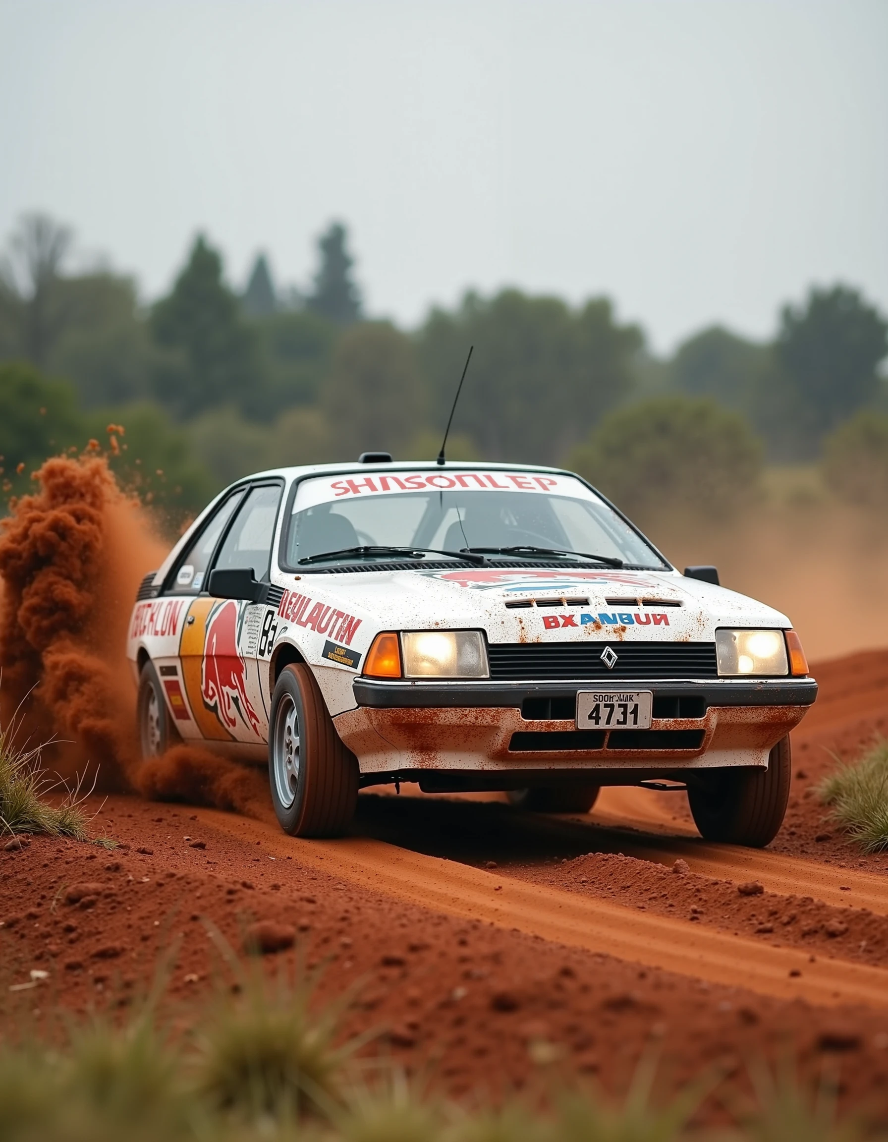 modified rally renaultfuego car at high speed in dirt track, 