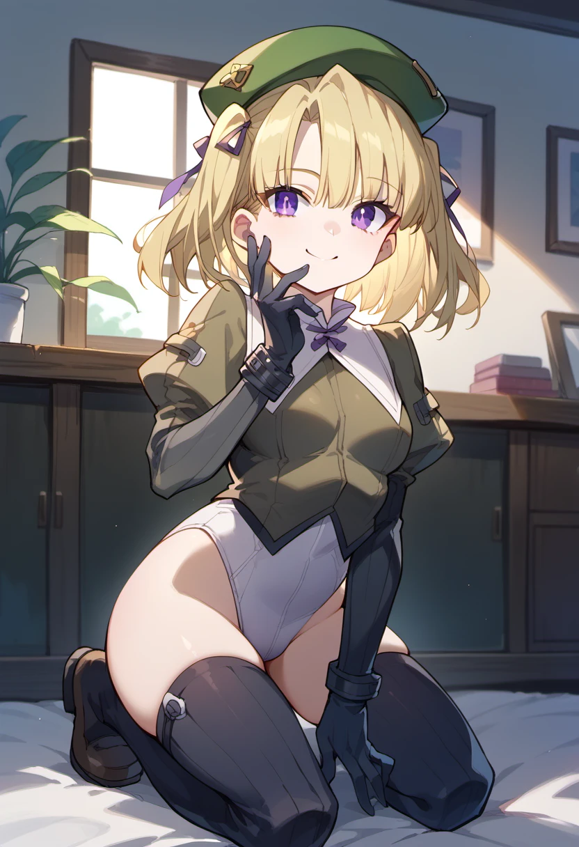 score_9, score_8_up, score_7_up, source anime, urza pranaice, 1girl, purple eyes, blonde hair, smile, short hair, beret, hair ribbon, ribbon, black gloves, military uniform, leotard under clothes, twintails, black thighhighs, wariza, head in hand, kneeling, indoors, <lora:urza_pranaice-xl-pony-v1:1>,