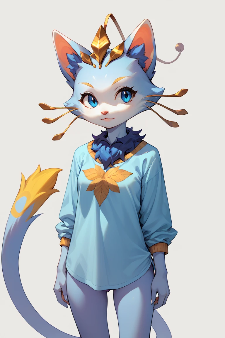 <lora:Yuumi_League_of_Legends:1> yuumi-default, 1girl, feline, biped, yellow whiskers, yellow tail tip, blue chest tuft, headgear, solo, shirt, no pussy, rating_safe, score_9, score_8_up, score_7_up, score_6_up, score_5_up, score_4_up, high quality, best quality