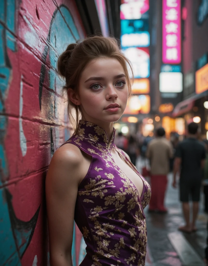 In the neon-lit heart of a bustling futuristic city, a striking young woman stands confidently on a rain-slicked street, her form elegantly draped in a figure-hugging purple cheongsam that shimmers like a jewel under the alluring glow of sinfully stylish lights. The fabric, adorned with intricate gold patterns reminiscent of delicate cherry blossoms, clings to her curves while offering a playful glimpse of her flawless skin.
Her hair, swept up into a carefree, messy bun, reveals graceful necklines that match the subtle allure of her ensemble. Each wayward strand glistens with a hint of moisture from the evening mist, framing her heart-shaped face and accentuating her wide, expressive eyes that sparkle with a mix of innocence and mischief. 
Around her, the urban landscape pulses with life; towering skyscrapers loom overhead, their surfaces reflecting vibrant hues of electric blue and radiant pink, while street vendors hustle nearby, their stalls brimming with exotic wares and the scent of sizzling street food wafting through the air, mingling with the faint trace of ozone from hovering drones above.
In this gritty yet captivating setting, she exudes an aura of intimate confidence and style, leaning slightly against a graffiti-adorned wall, one hip cocked, and a sly smile playing on her lips. Her presence feels like a vibrant breath of fresh air amidst the machine-driven rhythm of the city, where the clamor of distant laughter and music serves as a backdrop to her magnetic charm.
<lora:atrx-manuela-flux:1.4>
<lora:aidmaHyperrealism:0.5> aidmaHyperrealism
<lora:Sinfully_Stylish_.02_for_FLUX:0.5>
<lora:RealisticAnimeFlux_v2:0.05>
 <lora:boreal-flux-lora-v0.4:0.2>
<lora:zavy-fnrt-fxl:0.3> zavy-fnrt