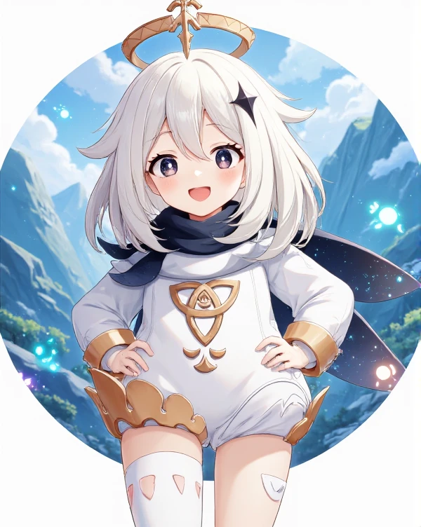 Paimon, chibi,Eerie anime girl wrapped in white: A pale anime girl,smiling with a happy expression, A masterpiece of sci-fi style created by the collaboration of Range Murata and Mary Cassatt. HD32K, hyperdetailed, best quality, midjourneyv6.1.