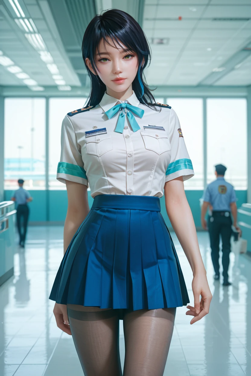 <lora:doa_shandy:0.9> shandy, 1girl, skirt, bow, shirt, pantyhose, airport lobby, uniform, score_9, score_8_up, score_7_up, zPDXL3