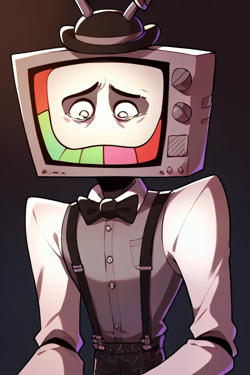 2D, score_9, score_8_up, score_7_up, BREAK, 1boy, solo, MrPuzzles, TV Head, Grey Shirt, White Sleeves, Suspenders, Black Pants, Bow Tie, Bowler Hat, sad