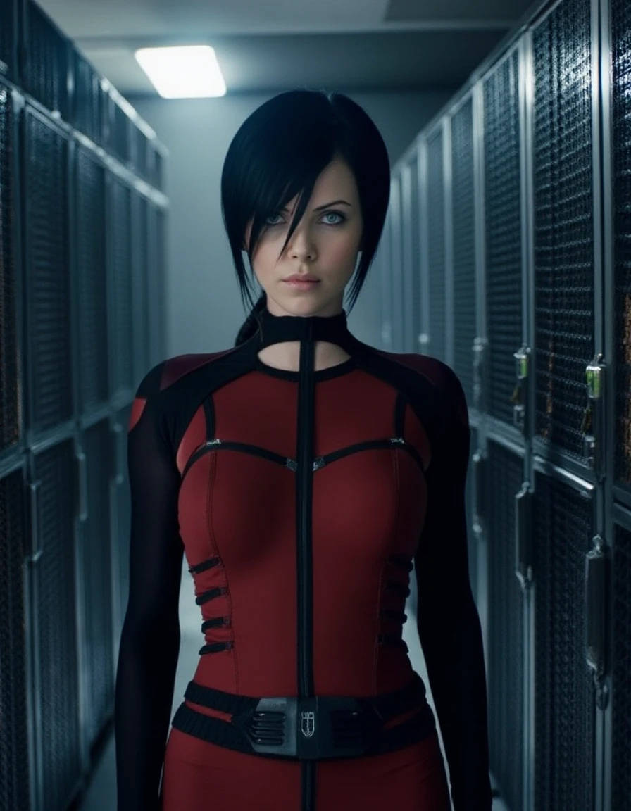 aeonflux, is wearing a futuristic red and black pullover at a data center. She is working on a mainframe computer. From Front, upper body, looking at viewer,  <lora:Æon_Flux__Charlize_Theron_-_Æon_Flux_2005-000012:1>