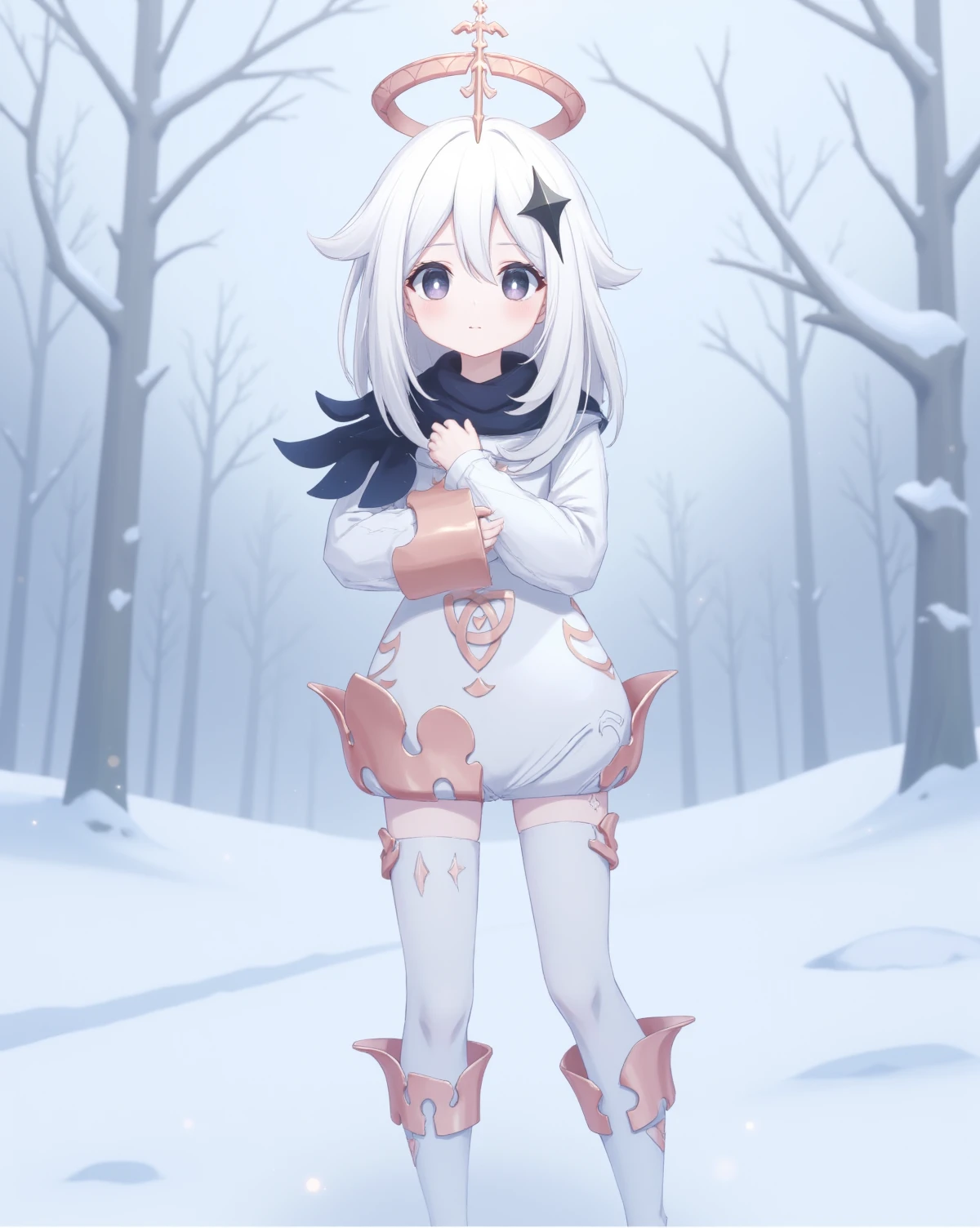 Paimon, chibi,Eerie anime girl wrapped in white: A pale anime girl, standing in a stark white environment.Soft, Diffuse Backlighting, Gentle light from behind to create a halo effect.Very detailed face,Extremely sharp background detail, Snowy Landscape, A quiet, snow-covered field with soft, falling snowflakes and stron adding to the ghostly, serene atmosphere.Standing with arms wrapped around herself, The character stands, hugging herself gently with a melancholic expression.