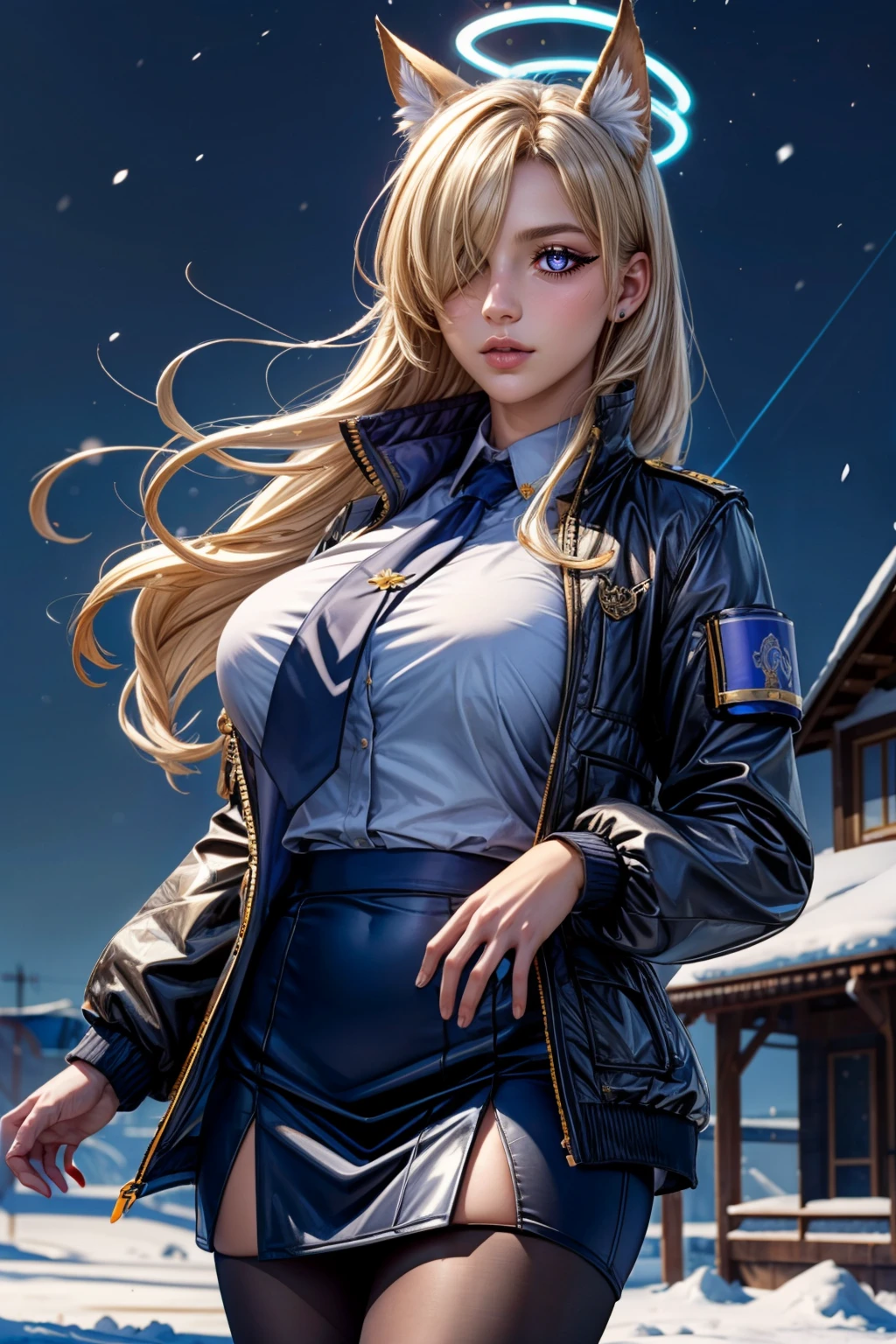 (ultra realistic,32k, masterpiece:1.2),(high detailed skin:1.1),( high quality:1.1), <lora:IllyasvielVonEinzbern_v1:0.7>, zzIllya, looking at viewer, night, outdoors, snowing, sky, BREAK,    <lora:Kanna_BlueArchive_Citron:0.8>, zzKanna, blonde hair, long hair, animal ears, blue halo, hair over one eye, blue eyes, breasts, large breasts, extra ears, dog ears black jacket, blue shirt, collared shirt, blue necktie, black pantyhose, blue skirt, armband,  ,BREAK,  blooming stars, luminescent petals, otherworldly fragrance blurry background, (looking at viewer, standing:1.1), huge breast, large breast, <lora:add_detail:0.92>, (glowwave:1.1),