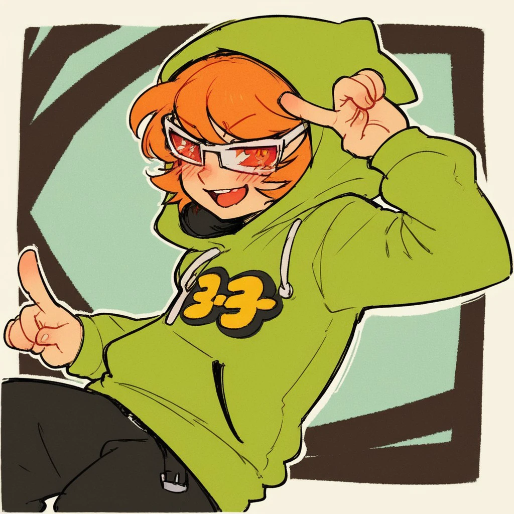 (masterpiece), best quality, expressive eyes, perfect face, score_9, score_8_up, score_7_up, score_6_up, looking at viewer, shy, blush, open mouth, solo, peace signs, upper body, ((((red lenses, rectangular sunglasses)))), orange hair, short hair, 1boy, yo-yo_jsr, roller skates, loose belt, black pants, ヨーヨー \(symbol\), hood up, green hoodie, red lenses, rectangular sunglasses, <lora:7f8e3d2c-e3e6-41de-8001-b890b8b0c987:1.0>