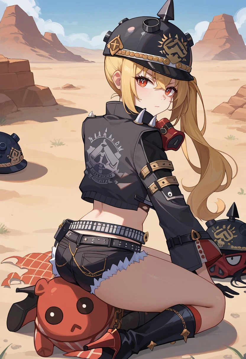 score_9, score_8_up, score_7_up, source_anime, 1girl, lucydef, red eyes, blonde hair, long hair, side ponytail, helmet, black headwear, mask around neck, black jacket, open jacket, cropped jacket, crop top, torn clothes, midriff, navel, long sleeves, black gloves, belt, short shorts, black shorts, denim shorts, fur trim, chain, black footwear, knee boots, high heel boots, (wariza, kneeling), serious, closed mouth, looking at viewer, outdoors, desert, portrait, close-up, upper body, from behind, back, looking back, <lora:Lucy_v1-000010:1>