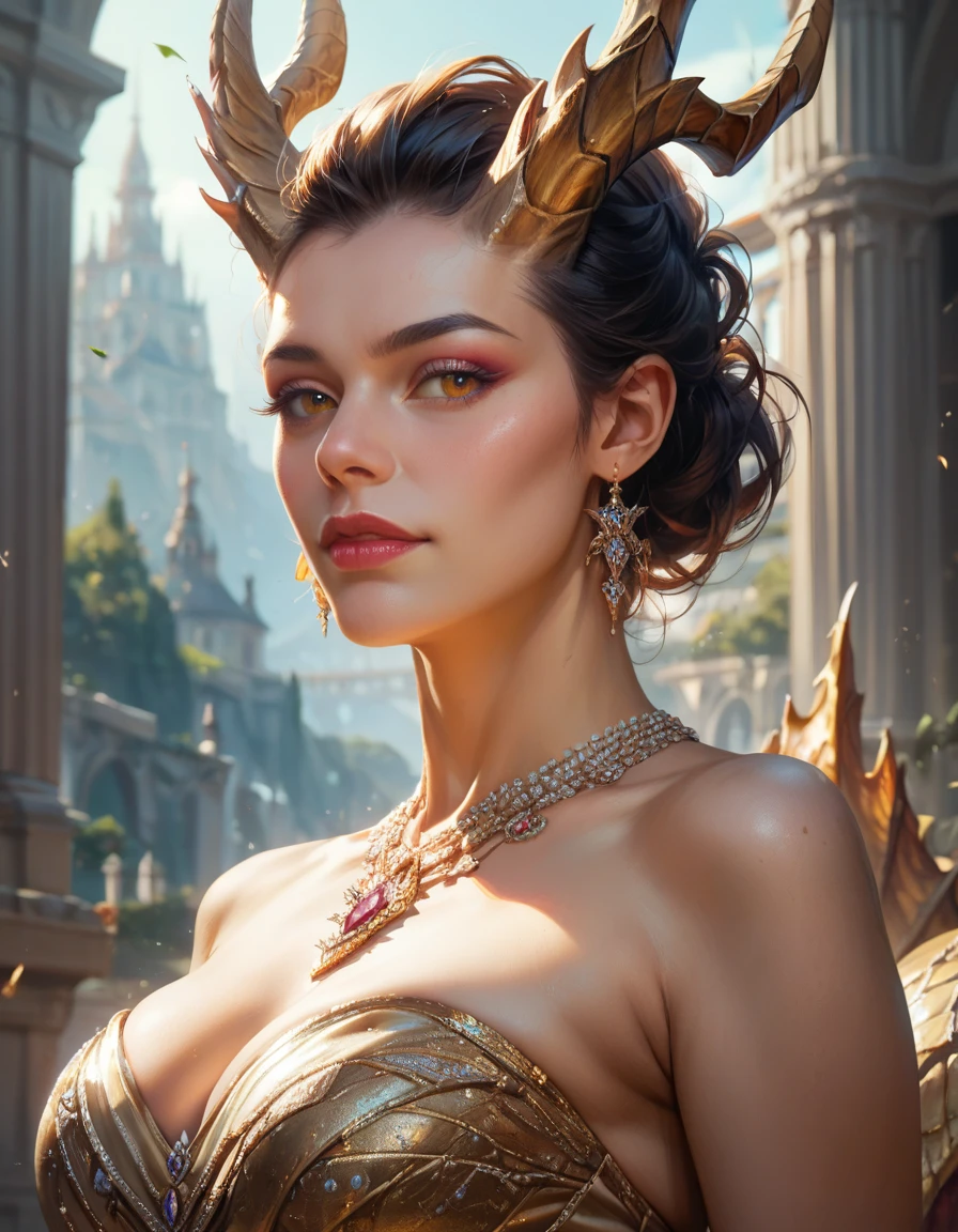 score_9, score_8_up, score_7_up, score_6_up, score_5_up, (high quality, highres, absurdres, best quality:1.2), extremely beautiful and elegant, highly detailed, smooth, sharp focus, Unreal Engine 5, 8K, realistic render, dragon girl, dragon horns, dragon tail, cowboy shot,