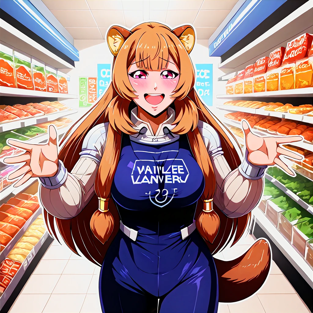 zPDXL2,, raphtalia , in a supermarket,  grocery store aisle,   through shelves , solo,  telekinesis,   hands up, reaching,  aura,  light particles,  floating object,  psychic, shy, flustered, blush, naughty face,  smile, happy, open mouth, half-closed eyes, lustful, excited,,1girl,solo, (by ncc:1.1) BREAK ,, astronaut outfit,  oversized clothes,  straps,, sfw, masterpiece, best quality,absurderes