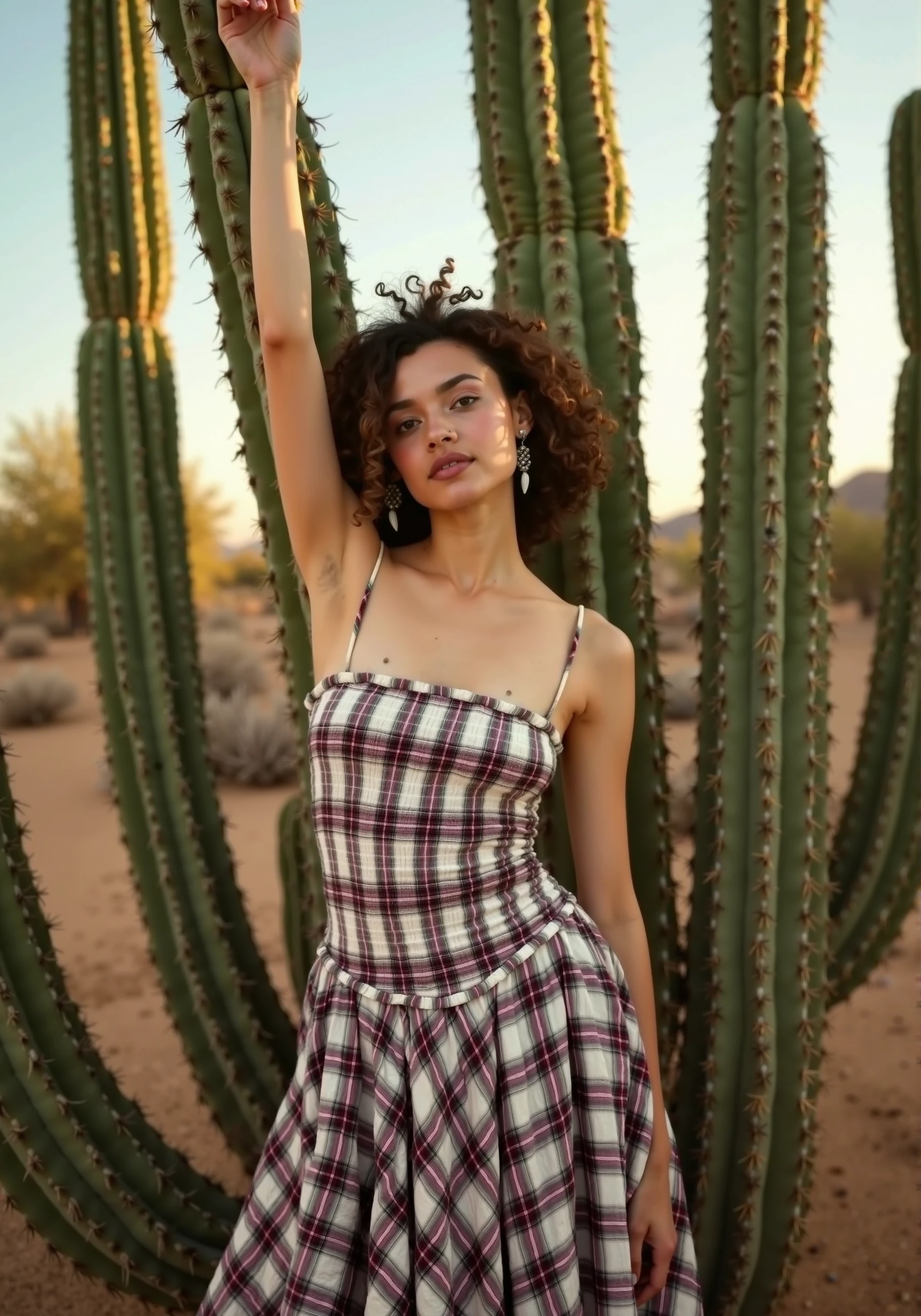 A serene and striking fashion image of a model posed gracefully among tall desert cacti, wearing a plaid Bershka dress with thin straps, a ruched bodice, and a voluminous ruffled skirt. Her arm is raised, lightly touching the cactus above her, while the soft, natural light captures the intricate plaid pattern of the dress against the earthy backdrop. The sun casts soft shadows, enhancing the mood of the desert setting. Fashion photography, 50mm lens, f/1.8, cinematic tones, hd quality