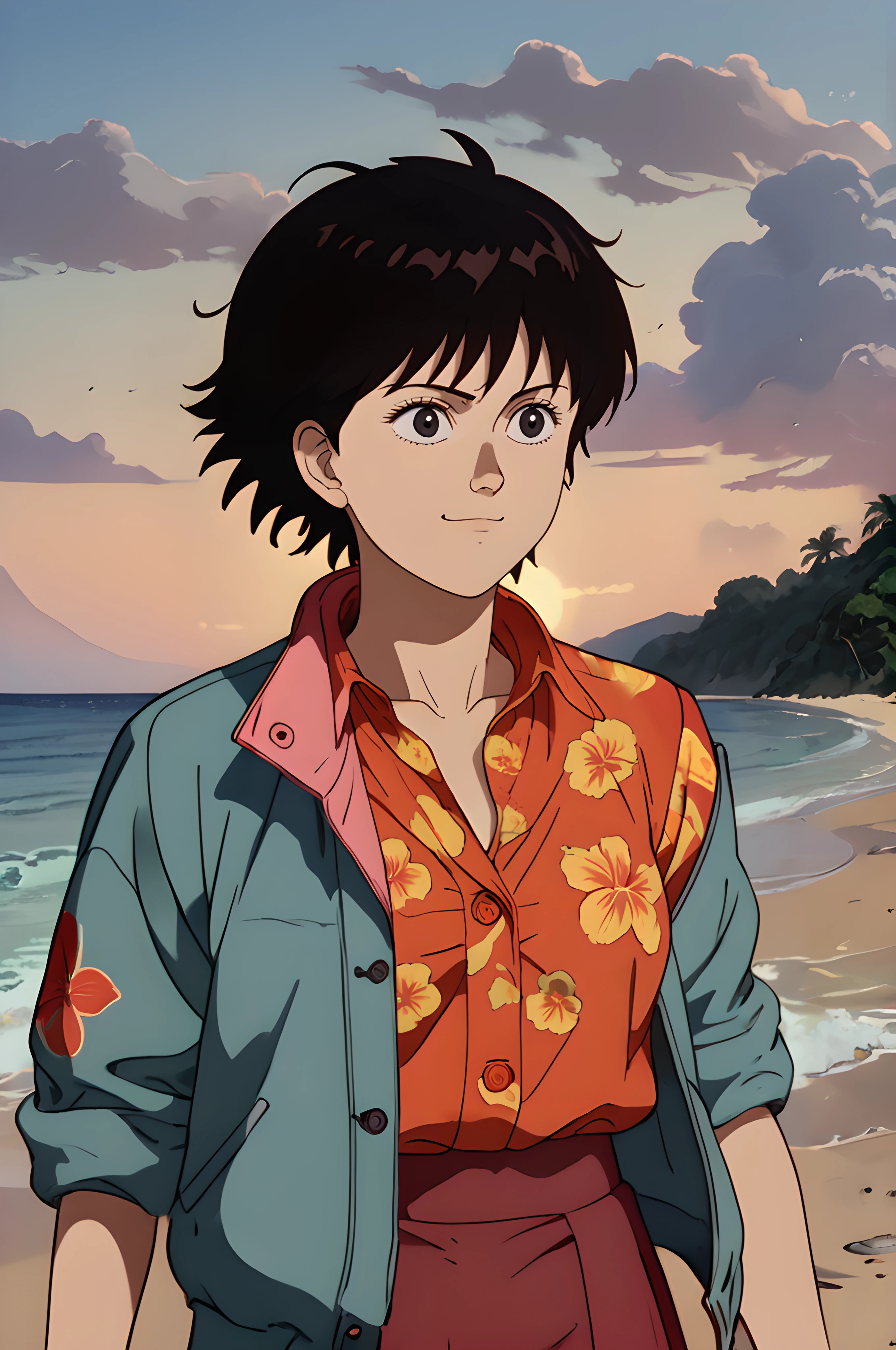 ak1rak3i, score_8_up, score_7_up, source_manga, rating_safe,  <lora:Kei_-_Akira_-_Pony:0.8> kei, girl, brown hair, short hair, messy hair, dark eyes, neutral expression, light smile, upper body, hawaiian collar shirt, open jacket, red skirt, outdoors, at a sunset beach, tropical, rear view (profiles:0.5)