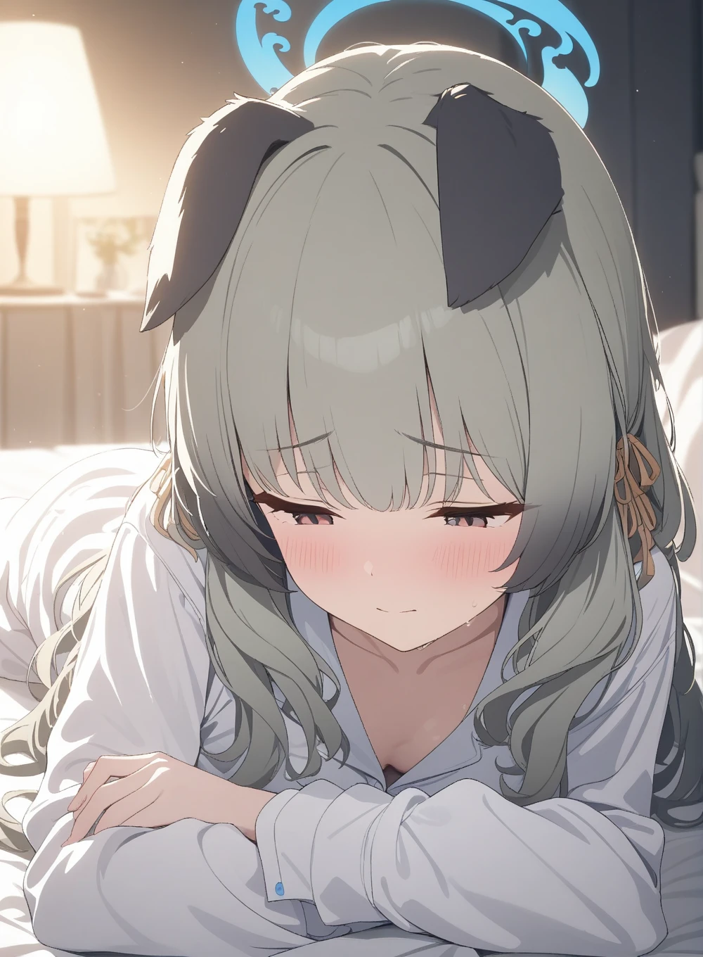 <lora:UMIKA_Blue_archive_SDXL:1>  umika_blue_archive, 1girl, animal ears, white pajama , lay on bed, shy face, cute , masterpiece, best quality, 1girl, solo, cinematic, soft lighting, shine skin , light skin , 8k