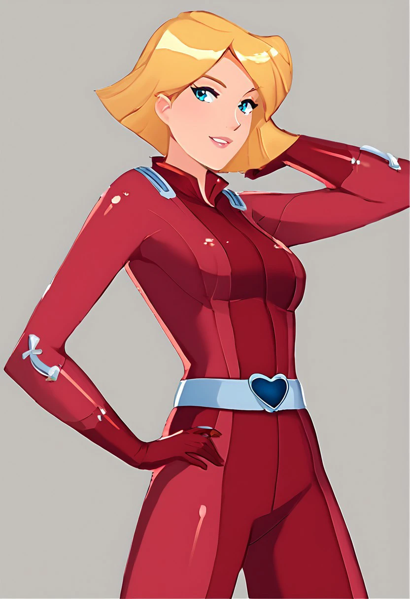 score_9, score_8_up, score_7_up, very detailed, highly detailed texture, smooth,
clover \(totally spies\), blonde hair, short hair, blue eyes,red bodysuit, belt,