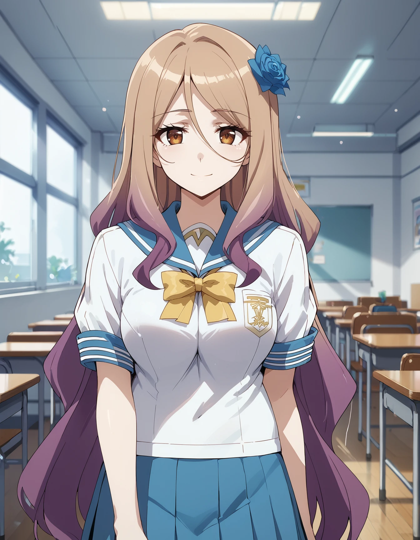 (score_9, score_8_up,score_7_up,source_anime,anime),solo,1girl,<lora:Quele:1> Quele,long hair,light brown hair,brown eyes,purple hair,gradient hair,hair ornament,blue rose,large breasts,
,light smile
BREAK
school uniform,serafuku,skirt,pleated skirt,upper body,Standing,Indoors
BREAK 
looking at viewer   <lora:NoctFlatStyleV4:0.6>