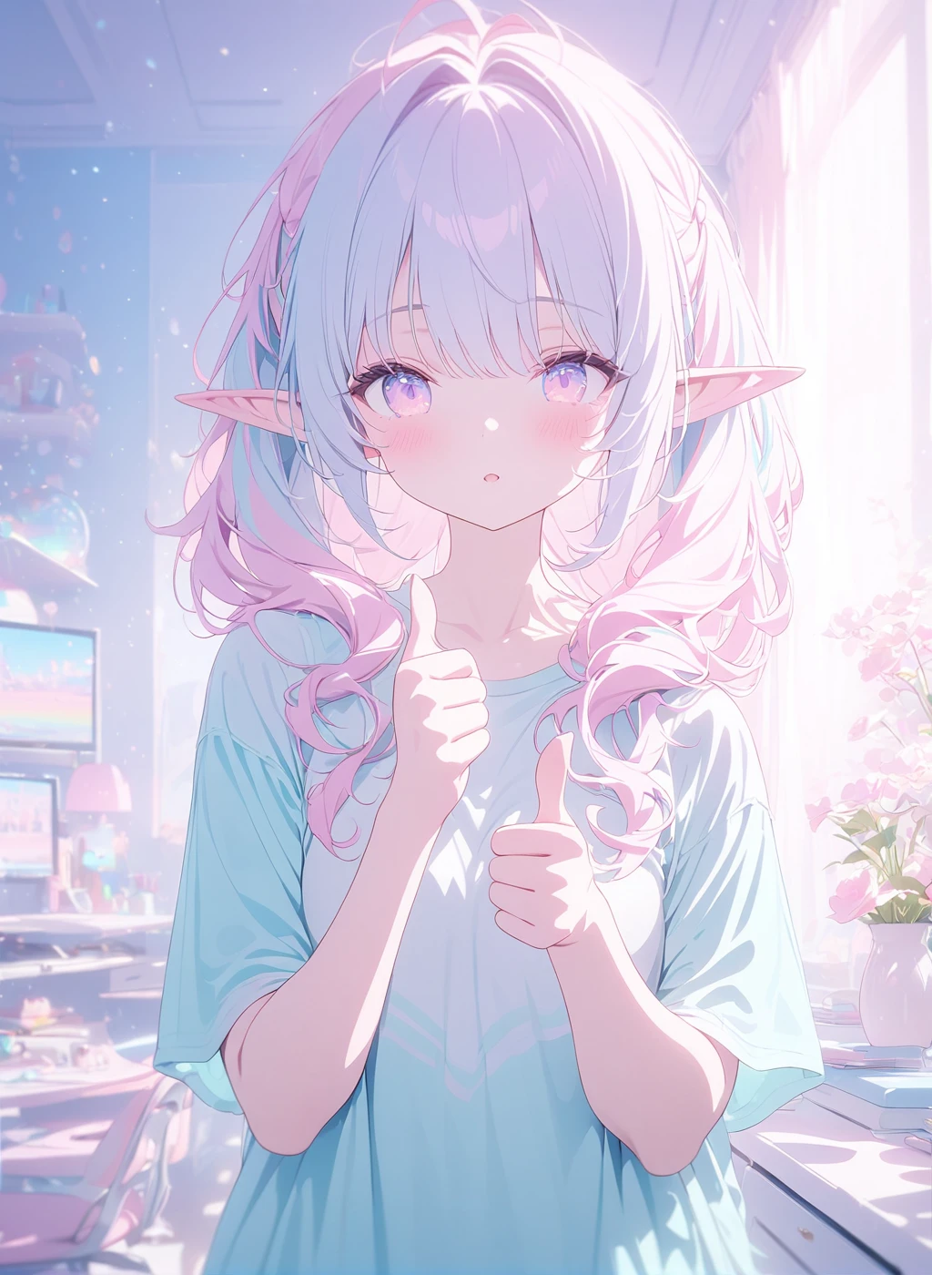 1girl , Thumbs up ,   <lora:Blue_Alive:1> pastel colors , elf ears, cute , masterpiece, best quality, 1girl, solo, cinematic, soft lighting, shine skin , light skin , 8k, 4k , masterpiece