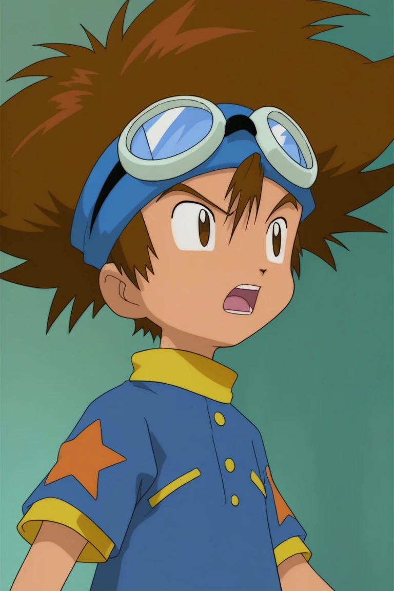 score_9, score_8_up, score_7_up, taichi yagami, brown hair, brown eyes, 1boy, goggles, male focus, goggles on head, solo, open mouth, blue shirt, upper body, short sleeves, spiked hair, star (symbol)