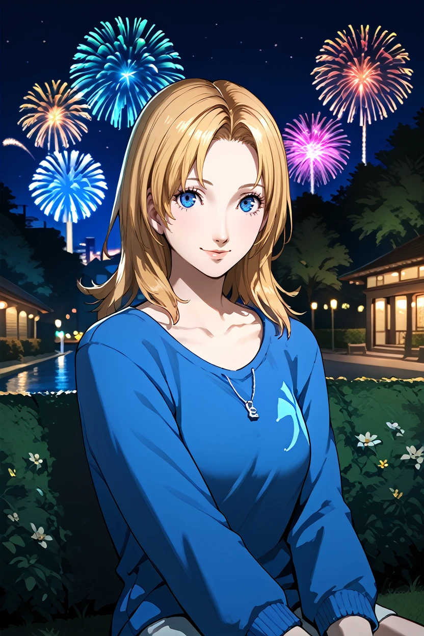 score_9, score_8_up, score_7_up, score_6_up
<lora:DOATina:0.8>
DOATina, 1girl, blonde hair, blue eyes, looking at viewer, sitting, at night, fireworks, park, looking up, smile