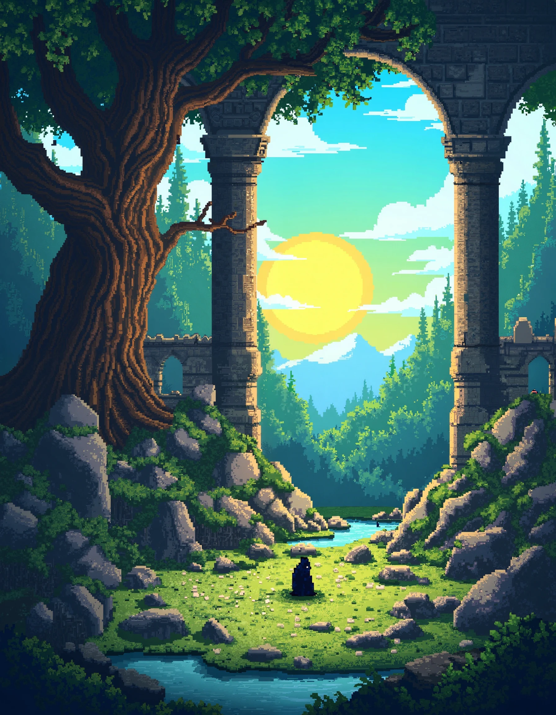 (ruins, broken, summer, dappled sunlight:1.2), sun, tree, forest, scenery, rock, reflection, water, ancient, overgrown, mountains, sunset, clouds, mountainous horizon, fantasy, medieval, 1other, looking away, cloak, (pixel art, pixelated:1.2), (masterpiece, exceptional, best aesthetic, best quality, masterpiece, extremely detailed:1.2), in the style of umempart