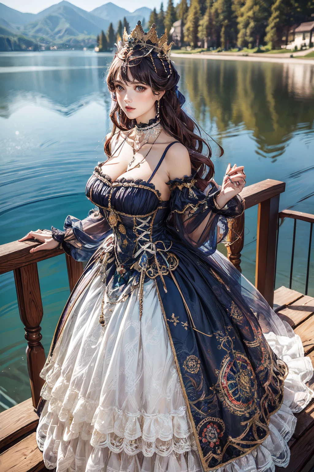 (masterpiece, best quality:1.2),illustration,8k,hd,1 girl,very long hair,solo,(collarbone:1.2),looking at viewer,
cxzg,dress,cyan dress,tiara,detached sleeves,jewelry,necklace,frills,lace,cross-laced clothes,crown,((cleavage)),big breasts,outdoors,(lake:1.5),extremely detailed dress,crystalstexture skin,front view,