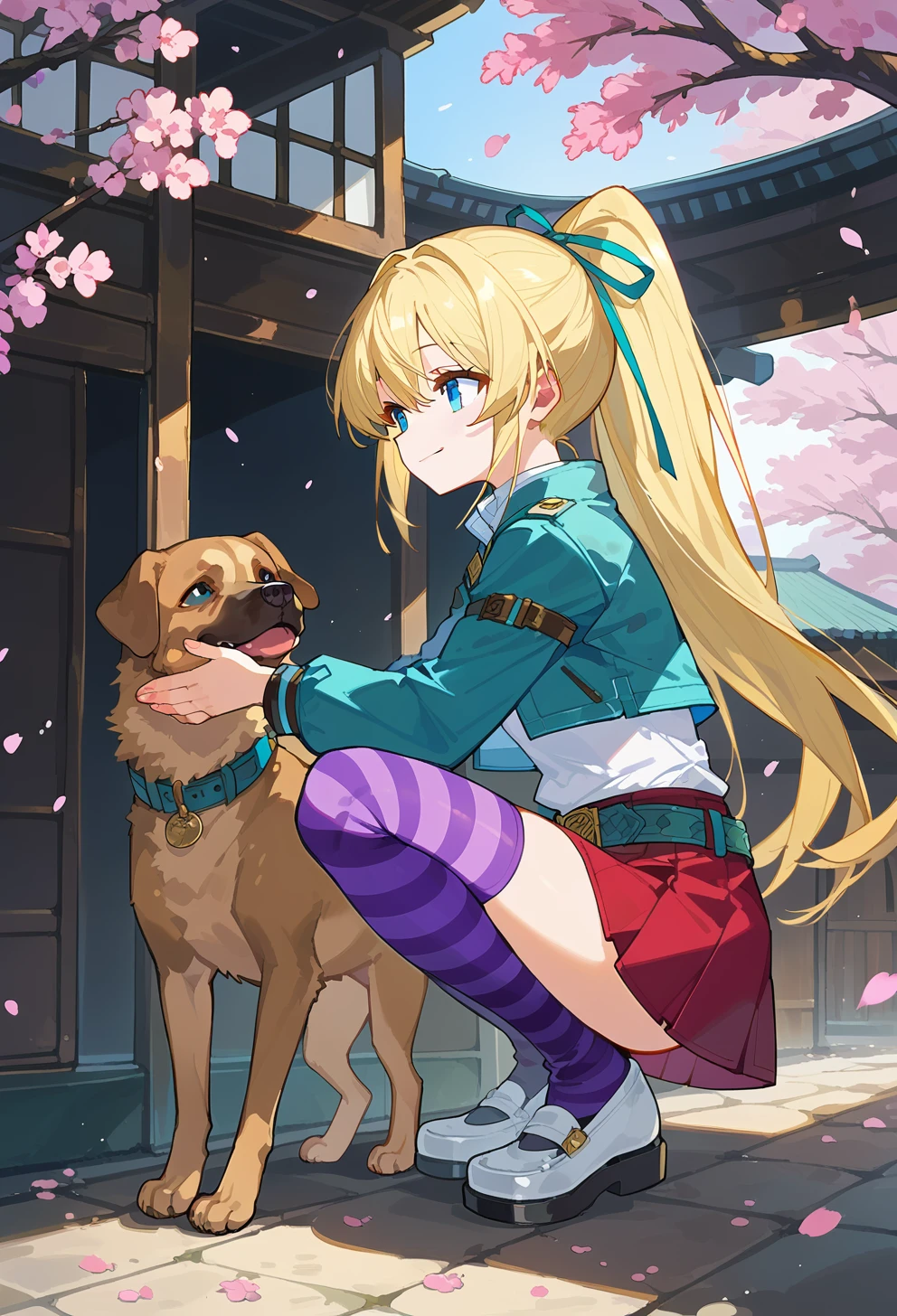 score_9, score_8_up, score_7_up, source anime, noa, 1girl, solo, blonde hair, blue eyes, long hair, smile, belt, hair ribbon, cropped jacket, white shirt, ponytail, skirt, striped thighhighs, shoes, squatting, from side, touch the dog's head, dog, outdoors, cherry blossoms, <lora:noa_rance-xl-pony-v2:0.8>,