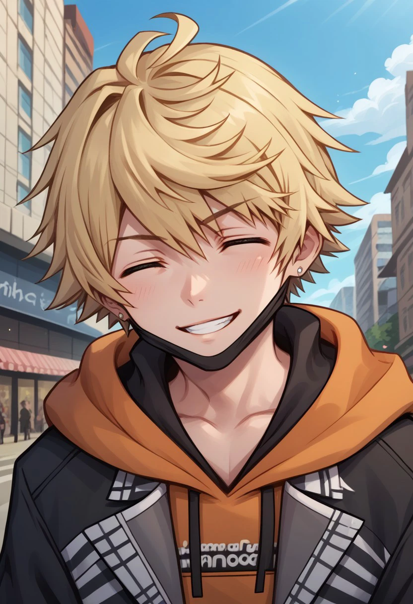 score_9, score_8_up, score_7_up, source_anime, highly detailed, 
rindokanade, 1boy, hood, male focus, hoodie, smile, closed eyes, solo, blonde hair, mask, facing viewer, upper body,
grin, jacket, white background, short hair, hood down, mouth mask, open clothes, earrings, black jacket,
jewelry, long sleeves, open jacket, black hoodie, teeth, mask pull,
outdoor, sky, cloud, building, street