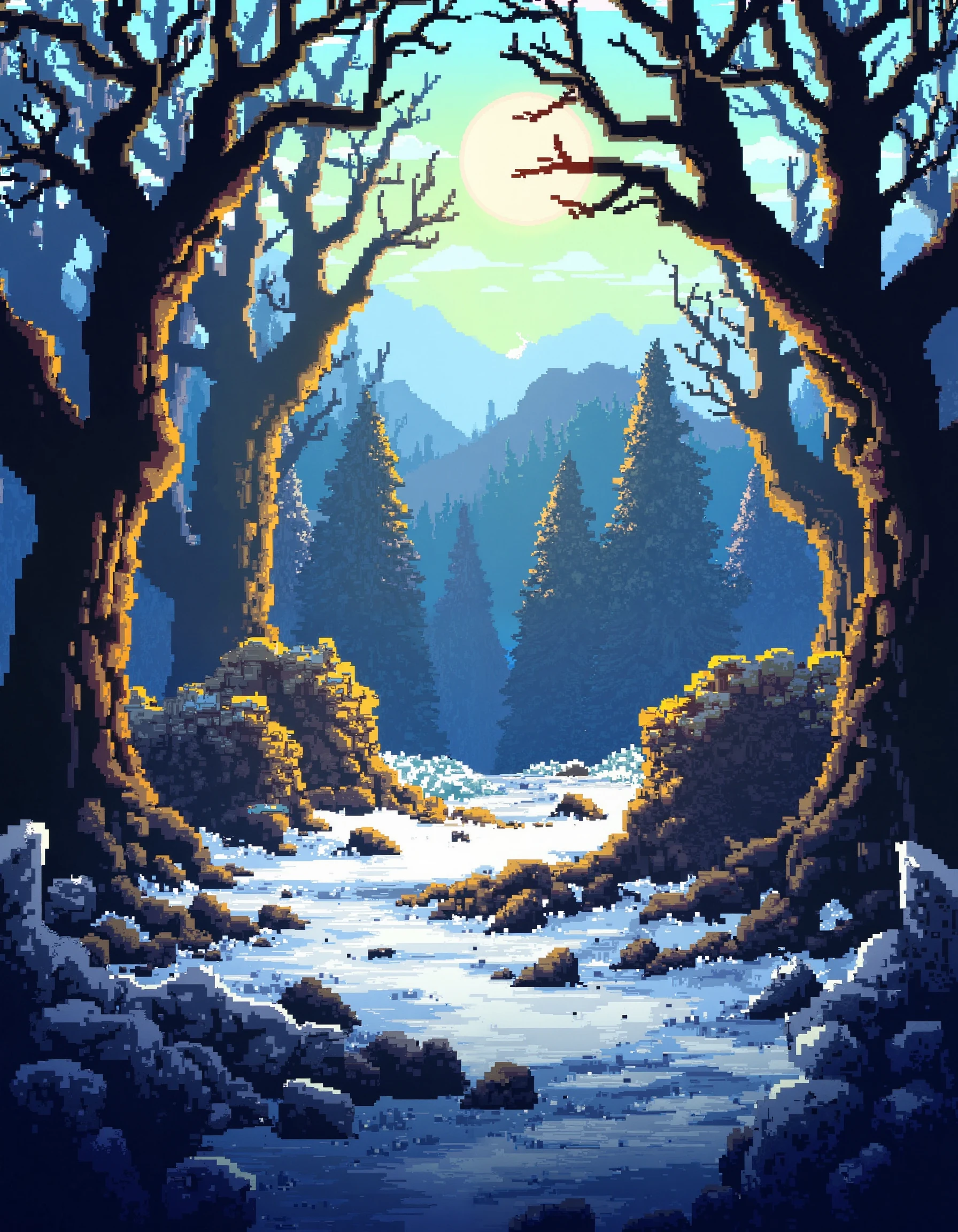 (ruins, broken, snow, dappled sunlight:1.2), sun, tree, forest, scenery, rock, reflection, ancient, overgrown, mountains, sunset, clouds, mountainous horizon, fantasy, medieval, 1other, looking away, (pixel art, pixelated:1.2), (masterpiece, exceptional, best aesthetic, best quality, masterpiece, extremely detailed:1.2), in the style of umempart