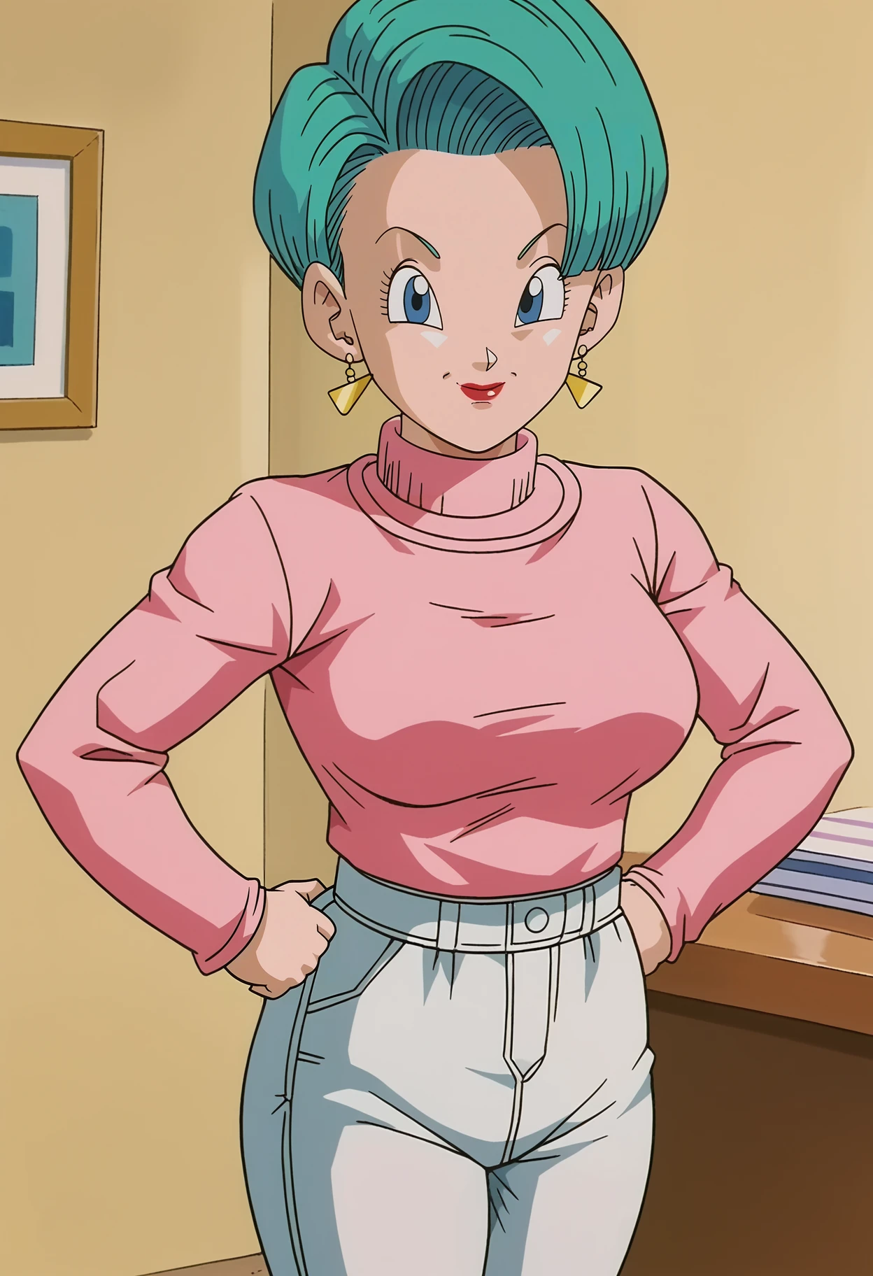 <lora:Bulma-Dragon_Ball_GT:0.8>,Bulma,mature female,1girl,solo,earrings,short hair,blue eyes,aqua hair,lipstick,pink shirt,pants,hands on own hips,cowboy shot,large breasts,looking at viewer,indoors,smile,closed mouth,