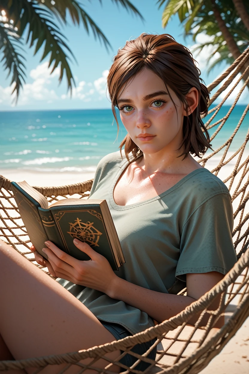 score_9, score_8_up, score_7_up, score_6_up
<lora:TLOU2Ellie:0.8>
TLOU2Ellie, 1girl, brown hair, green eyes, looking at viewer, laying in a hammock, reading a book, tropical beach with palm trees swaying, clear blue sky and ocean, tranquil and leisurely setting