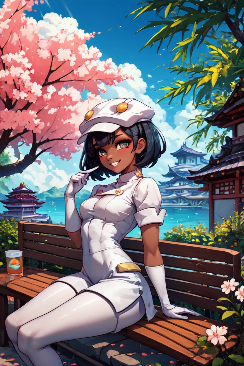 score_9, score_8_up, score_8, medium breasts, (curvy), cute, eyelashes, BREAK, , zzAether, dark skin, white cabbie hat, black hair, white uniform, white pantyhose, white gloves, <lora:Aether_Employee_Pokemon_PDXL_v1:0.8>, BREAK, sitting on bench, side view, smile, looking at viewer, cowboy shot, BREAK, pnkBldng, sky, day, cloud, tree, blue sky, building, architecture, east asian architecture, BREAK, embedding:zPDXL, Expressiveh, <lora:PinkBuildingsPDXL_v2:0.6>, <lora:SDXLFaeTastic2400:0.5>, <lora:Expressive_H-000001:0.4>