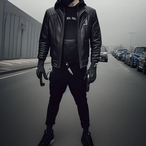 shirt, gloves, leg hair, tattoo, gun, motor vehicle, leather jacket, black gloves, hood up, male focus, cellphone