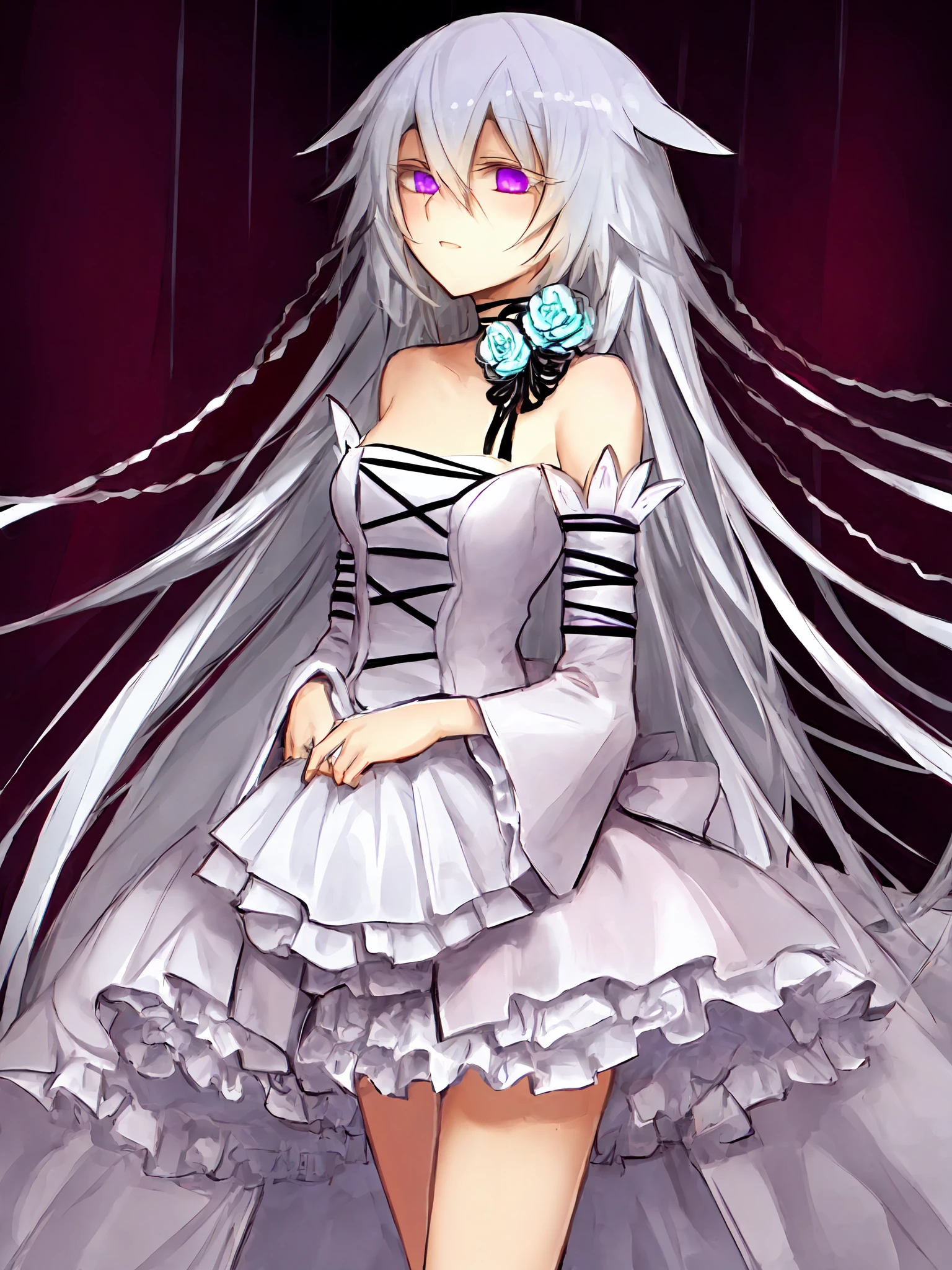 <lora:Will_of_the_Abyss:1>,  will_of_the_abyss, flower, detached sleeves, frills, braid ,white dress, breasts, 1girl,  solo,  long hair, purple eyes, (exceptional, best aesthetic, best quality, masterpiece, extremely detailed),