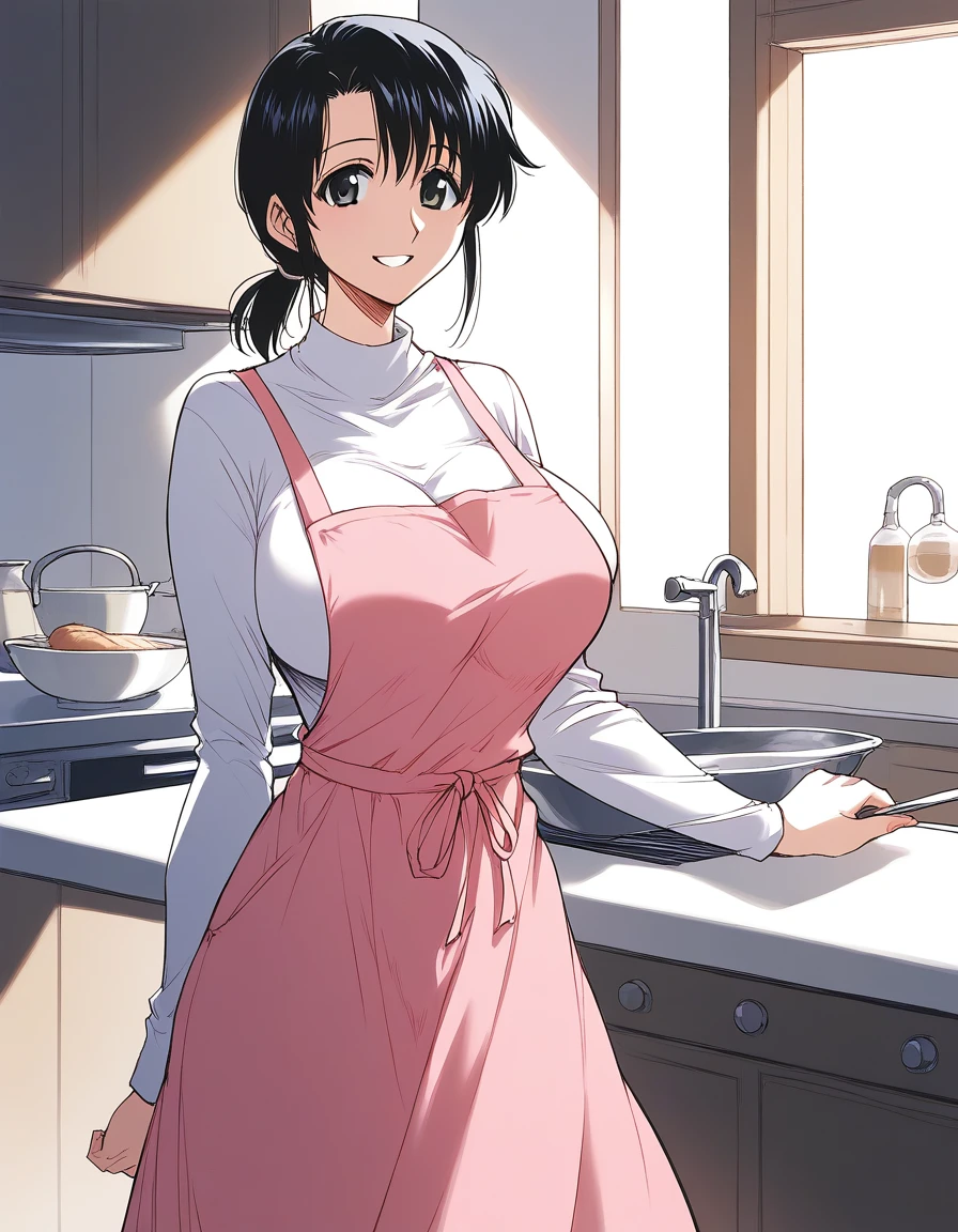 score_9, score_8_up, score_7_up, source_anime, rating_explicit, BREAK  <lora:Shizuna_Famicon._XL:1> Shizuna, short hair, black hair,  large breasts, 
solo, smile, parted lips,  low ponytail, long sleeve, pink apron, long skirt,
looking at viewer,
kitchen, room,