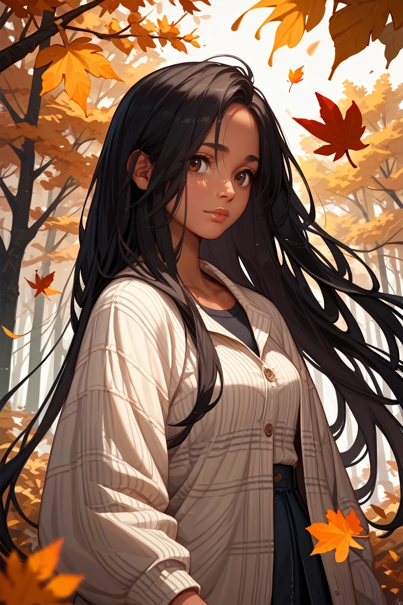 score_9, score_8_up, score_7_up, score_6_up
<lora:FFrey:0.8>
FFrey, 1girl, black hair, long hair, brown eyes, dark skin, looking at viewer, autumn forest with falling leaves in the background, warm earthy tones, cozy and nostalgic feel