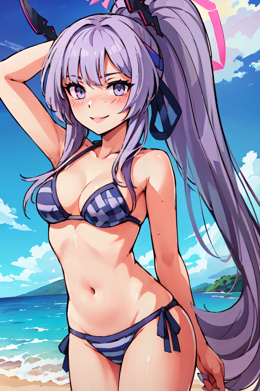 ((masterpiece,best quality)), absurdres, BREAK, , <lora:Utaha_BlueArchive_Citron:0.8>, zzUtaha, long hair, purple hair, halo, purple eyes, ponytail, headgear, , BREAK, bikini, tropical beach, blush,, BREAK, solo, smile, looking at viewer, cowboy shot,