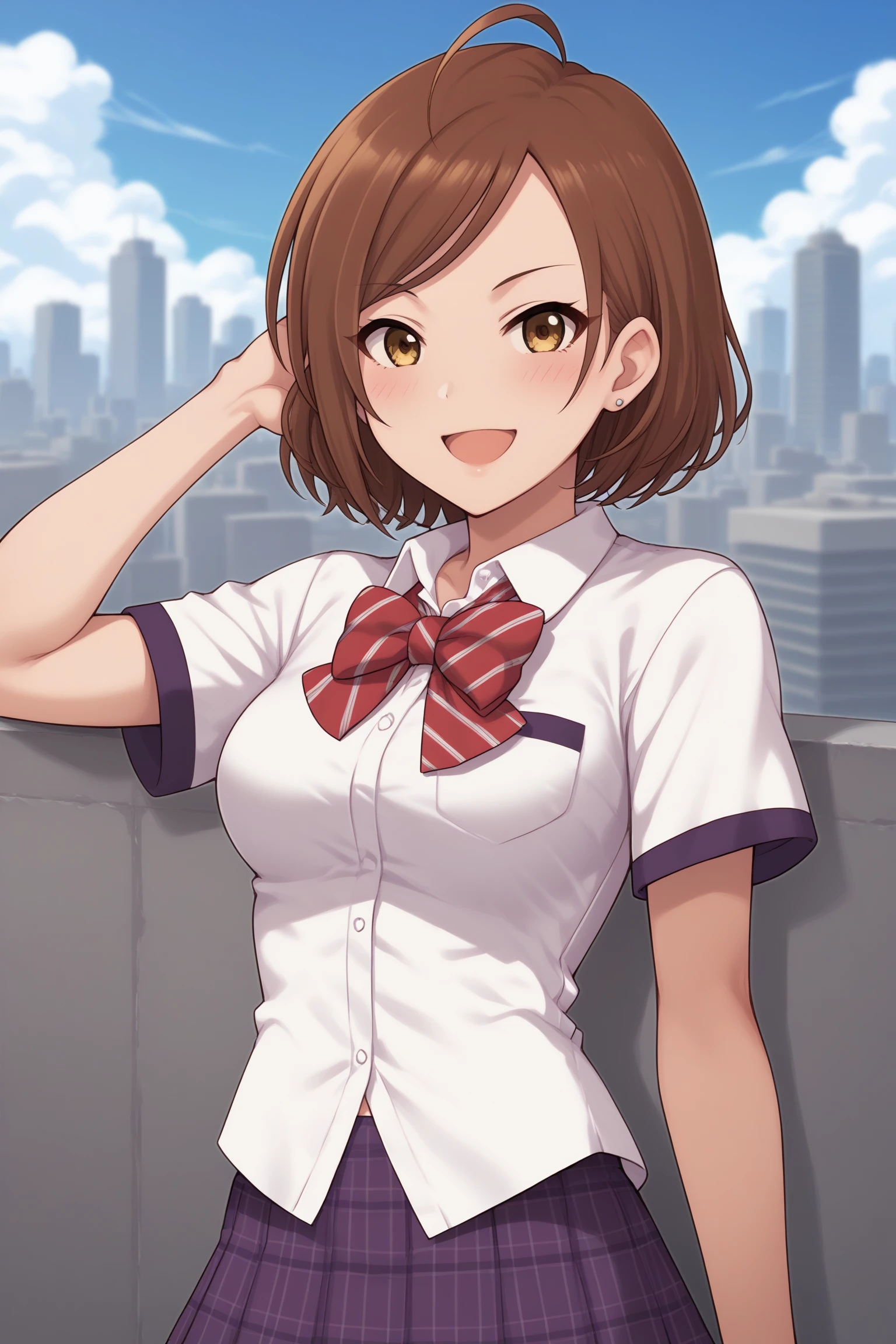 score_9, score_8_up, score_7_up, score_6_up, score_5_up, source_anime, rating_safe, medium breasts, outdoors, city, skyscraper, rooftop, 1girl, solo, looking at viewer, (upper body:1.2), im yujin, brown hair, short hair, ahoge, yellow eyes, long eyelashes, idolmaster cinderella girls, school uniform, short sleeves, purple sleeve ends, white shirt, collared shirt, breast pocket, red bowtie, untucked shirt, purple skirt, plaid skirt, pleated skirt, short skirt, <lora:Yujin_Im:0.8>, <lora:untucked_shirt-000006:1>