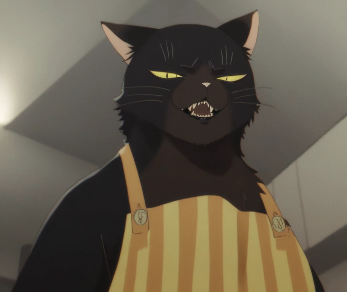 score_9, score_8_up, score_7_up, source_furry, rating_explicit, yukichi, feline, ((black cat:1.2)), black fur, ((two tone body:1.2)), striped apron, apron, hands down, open mouth, sharp teeth, fangs, black lip, looking at viewer, slit pupils, black pupils