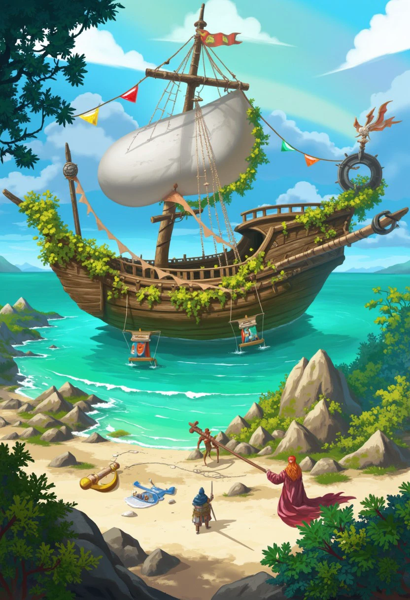 This vibrant, digital painting depicts an fantastical, lush, and mystical scene. The central focus is a large, ancient, partially submerged shipwreck, its wooden structure weathered and overgrown with greenery. The ship is positioned on a rocky, sandy beach, surrounded by a serene, turquoise sea. The wreck's stern is visible, with a large, ornate anchor and a broken mast.