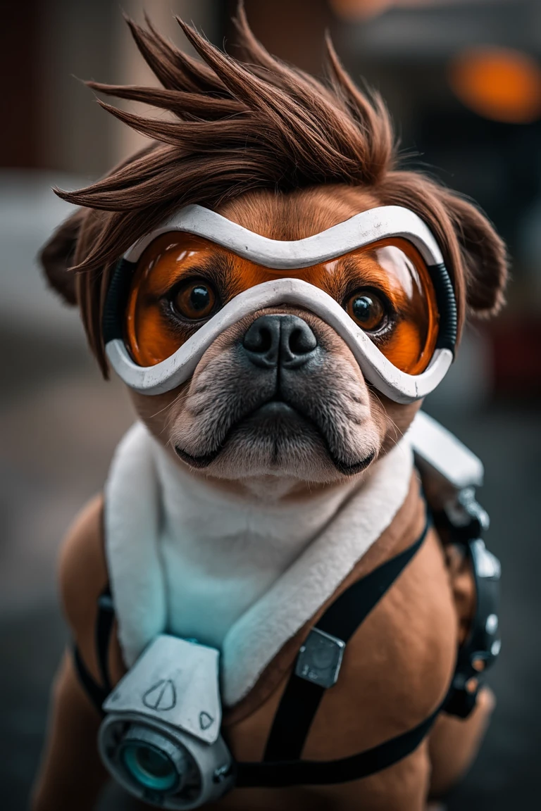 photoshoot of a cute pug wearing goggles, a jacket and a brown wig. glowing Chronal accelerator