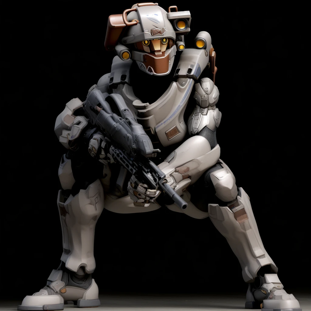 blurry, sitting, short hair, night, weapon, Burning, squatting, gun, grey background, solo, bodysuit, standing, holding, spartan, straight-on, power armor, tree, gradient